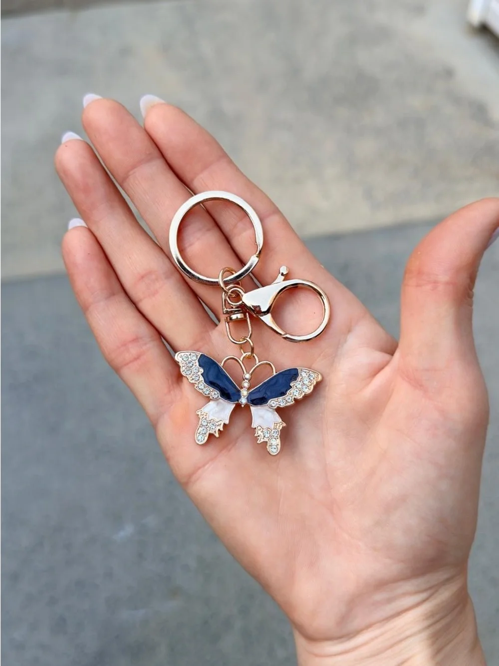 Gold-Tone Navy Blue & Pearlescent White Butterfly Keychain